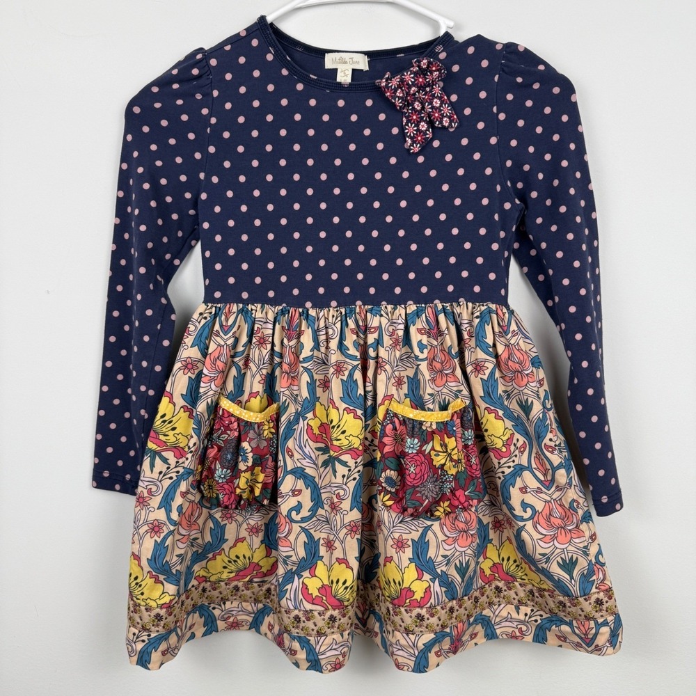 Matilda Jane Friends Forever Rowan Dress Sz 6 Navy Floral Polka Dot Long Sleeve